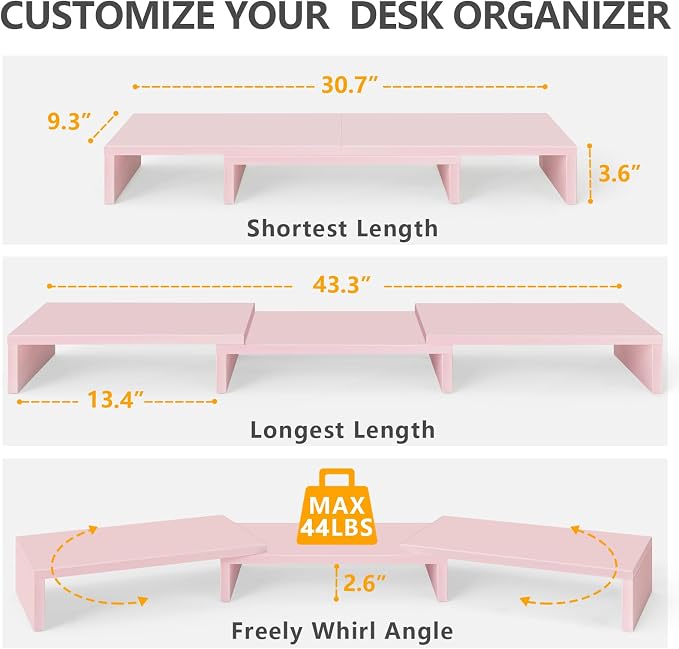 TAVR Dual Monitor Stand Riser, Wooden Computer Monitor Stand for 2 Monitors | Extra Long Multifunctional Desktop Organizer Riser for TV, PC Monitor, Laptop, Printer, Max 43.3" Length, Pink - Image 6