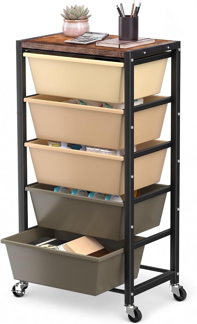 Rolling Cart with 5 Drawers, Plastic Drawer Storage Carts with Wheels & Wooden Tabletop, Metal Utility Cart for Office Bedroom Living Room Classroom, Craft Organization and Storage, Brown by TimeForest