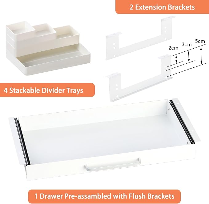 Under Desk Drawer 21" with 4 Divider Trays, Storage Drawer Organizer | White, Under Counter, Desk Accessory, Attachable for Workbench, Adjustable Brackets, for Desk Lip with Crossbar, Clamp Mount - Image 3