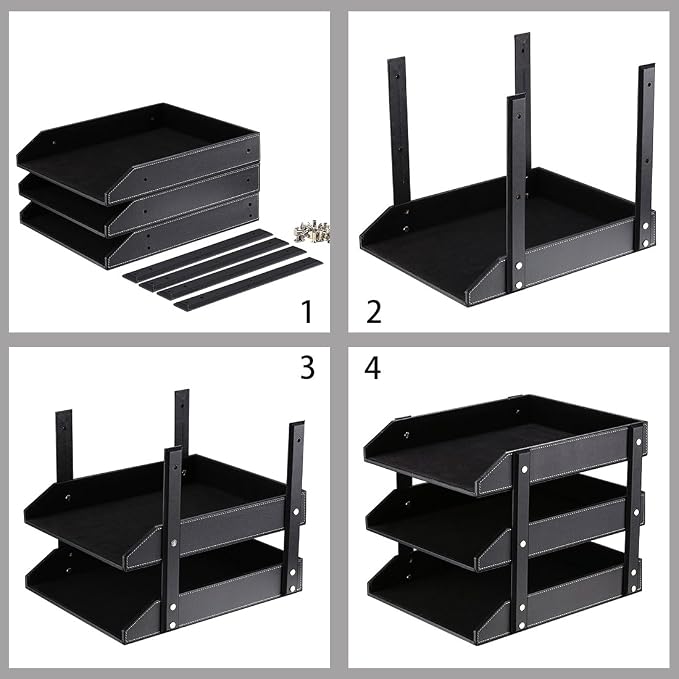 Leather Desk Organizer, Thipoten 3-Tier Stackable Letter Tray Holder for Office Supplies, Paper, File, Magazine, Perfect Office Organization for Desktop (Black-3Tiers) - Image 3