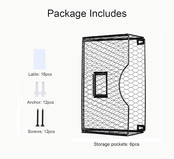 6 Pockets Hanging File Holder Wall Mount Mail Organizer Metal Chicken Wire Magazine Rack with Tag Slot, Black - Image 3