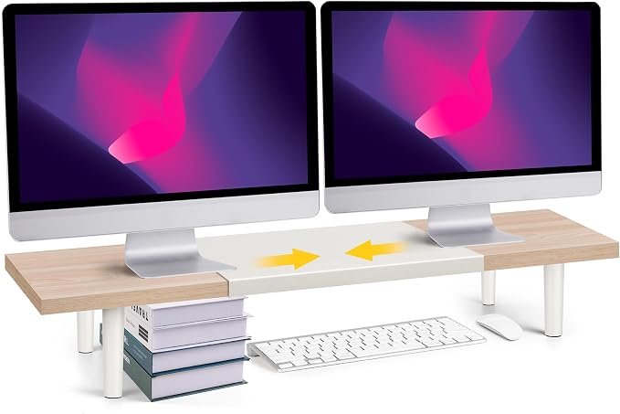 Across-Star Dual-Monitor-Stand-Riser-For-Desk Adjustable Length 32-40 Inch，Large Desktop Computer Monitor Riser For 2 Screens，Desk Shelf Organizer Riser Stand For Computer/Laptop/PC/Printer/TV Black by Acorss-Star
