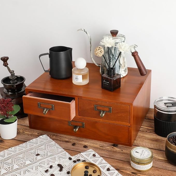 Wooden Drawers Apothecary Cabinet Brown Wood Desktop Organizer Box | Vintage Wooden Storage Box for Apothecary Drawers, Countertop Organizer with Drawer for Library Card Catalog Cabinet - Image 2
