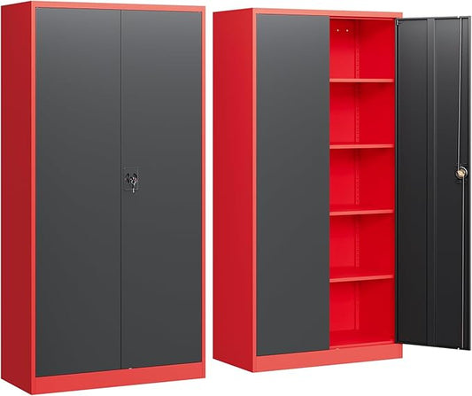 Yizosh Metal Garage Storage Cabinet with Lock Doors and 4 Shelves,-72" Steel Heavy Duty Tool Cabinet for Garage, Office,School (Red Black)