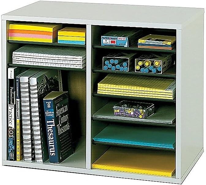 Safco Literature Organizer, 12 Compartments, Office and Classroom Mailbox with Adjustable Shelves, Wood Paper and Mail Sorter, Gray by SafcoProducts