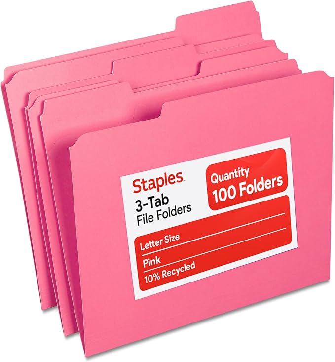 Staples Reinforced File Folders, 1/3-Cut Tab, Letter Size, Pink, 100/Box (508952) by Staples