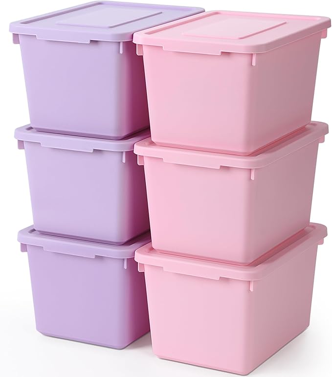 Potchen 6 Pack Small Stackable Storage Bins with Lids Plastic Storage Boxes for Classroom 9.8" ×7.3" ×5.7" Decorative Organizer Bins for Craft Art Office Teacher Supplies (Pink,Purple) by Potchen