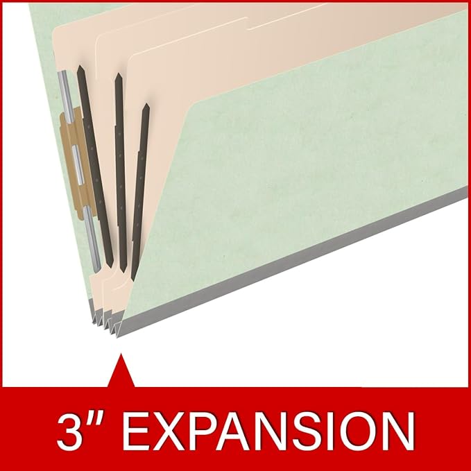 Ecom Folders End Tab Pressboard Classification Folders | Legal Size 25 Pt Type III Stock with 3 Dividers & 3" Tyvek Expansion | 2 Fasteners Pos 1 & 3 for Medical & Office Docs | Pale Green, Box of 10 - Image 7