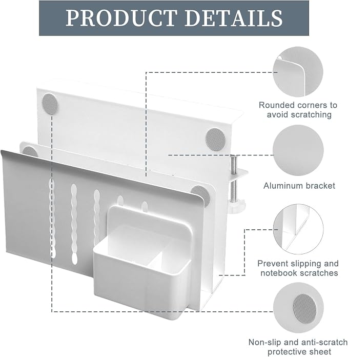 Desk Side Storage,2 Tier Steel Hanging Organizer,No Drill Side Desk Organizer, Laptop Holder with Pen Holder,Office Home Hanging Table Storage For Edge Tables 0.3" to 2.8"(White) - Image 3