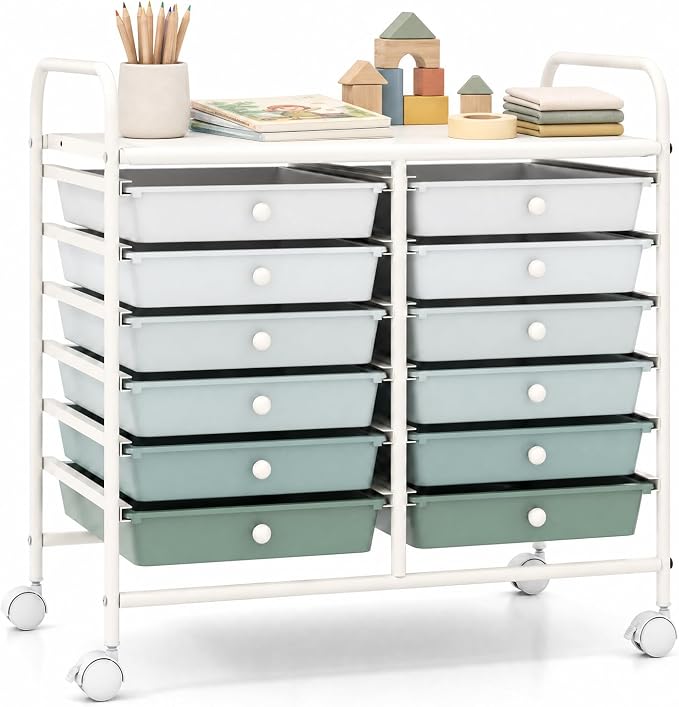 GOFLAME 12-Drawer Rolling Storage Cart, Art Craft Organizer Cart, Mobile Utility Storage Cart with Removable Drawers & Lockable Wheels, Craft Cart for Home Office School, Green Gradient by GOFLAME