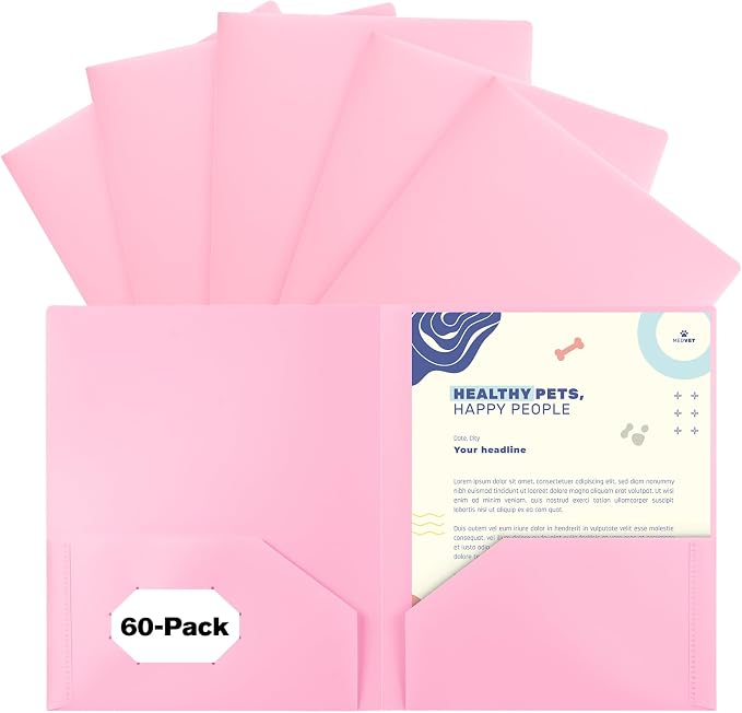 60-Pack Plastic Folders with Pockets,2-Pocket Pastel Folders Holds US Letter Size Paper for School/Office/Home, Pink by EEHZTSIOFFICE