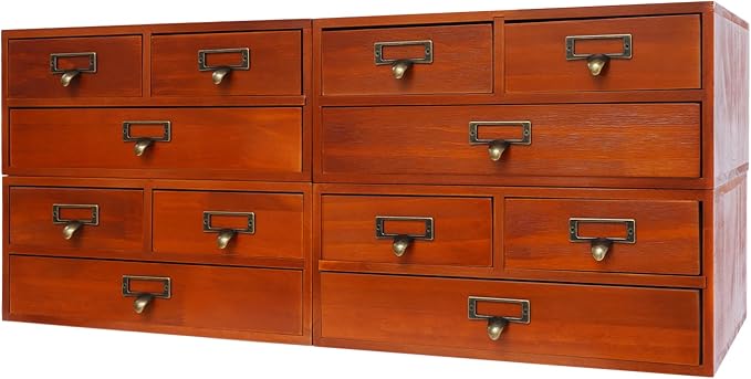 4-Piece Desktop Organizer Set with 3 Drawers, Wood & Metal Drawer Storage, Wooden Desktop Organizer for Store Cosmetics, Jewelry, Letters, Papers, Tea Bags, Sugar Packets (Brown) - Image 5