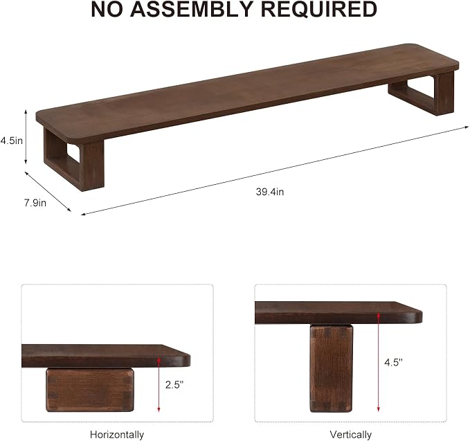 Ufine Dual Monitor Stand Riser 39.3 Inch Wood Desk Shelf Desktop Organizer | 2 Heights Adjustable, Ergonomic Computer Monitor Stand for 2 Monitors, Laptop, TV, Printer - Image 5