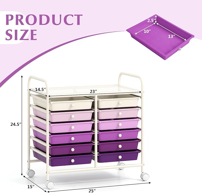 GOFLAME 12-Drawer Rolling Storage Cart, Multifunctional Art Craft Organizer Cart, Mobile Utility Storage Cart with Removable Drawers & Lockable Wheels, Craft Cart for Home Office, Purple Gradient - Image 3