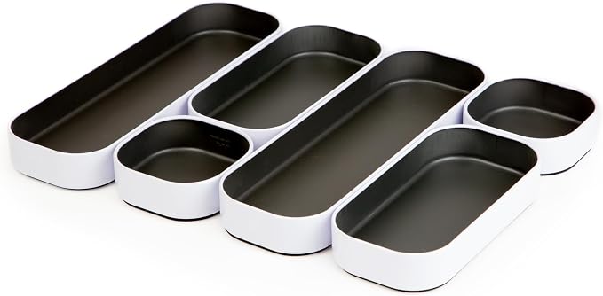 Three by Three Seattle Metal Stacking Bins Drawer Organizer, 6-Pc (Gray) | Food-safe stackable metal bins; customize your drawer layout; great for kitchen, bathroom, vanity & office drawers by ThreebyThreeSeattle