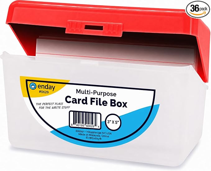 Enday Index Card Box Red 3x5 Index Card Holder, Index Card Organizer, Flash Card Holder, Holds 250 Cards. (36 PC) by Enday