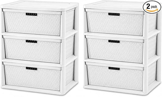2Pack,3-Drawer Storage Tower, Wide Plastic Organizer with Removable Bins | Decorative Weave Design, Tool-Free Assembly, Removable Bins, Carry Handles, Drawer Stops, BPA-Free,White by Unknown