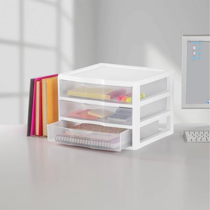 Sterilite 12-Pack Wide 3 Drawer Unit, Plastic Desktop Organizer with Clear Drawers, White Frame - Stackable Multi-Purpose Storage for Office Supplies, Craft Rooms, Classrooms and Home Organization - Image 2