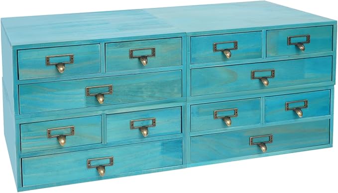 Wooden Desktop Organizer, 3 Tier Tabletop Storage Cabinet with 12 Drawers Composable Four-Piece Set & Metal Handles Modular Stackable Desktop Apothecary Cabinet for Home Offices Schools (Blue) - Image 4