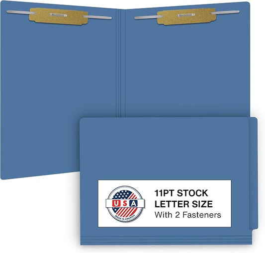 Blue File Folders, USA Made, Doctor Stuff, Two 2" Bonded Fasteners, Durable 11pt, Reinforced End Tab File Folders with 2 Prongs, Colored Office & Medical Charts Patient Chart, Box of 50 by DoctorStuff