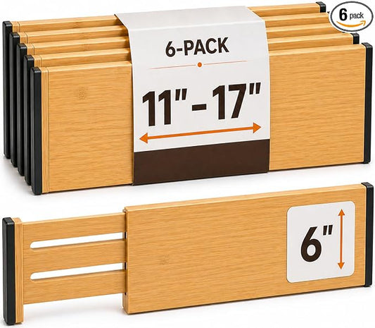 6-Pack Drawer Dividers 6-Inch High Dresser Drawer Organizer 11.5 to 17 Inch | Bamboo, Spring Loaded, No Tools Needed, for Clothes, Utensils, Socks and Deep Drawers in Bedroom, Bathroom, Kitchen, Office by Bamb%C3%BCsi