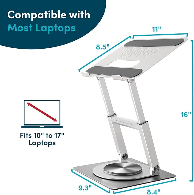 Lifelong 360 Rotating Adjustable Laptop Stand, 16" Tall Riser - Silver | Ergonomic Computer Stand with Swivel Base for 10-17" MacBook Pro & All Laptops- Portable Standing Desk Converter - Image 5