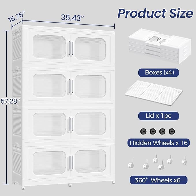 200Gal Exra Large Stackable Storage Bins with Lid, 800QT Collapsible Storage Box with 6x Wheels, Folding Plastic Cabinet Container with Door Drawer for Home Kitchen Office Dorm, 4Pack White - Image 2