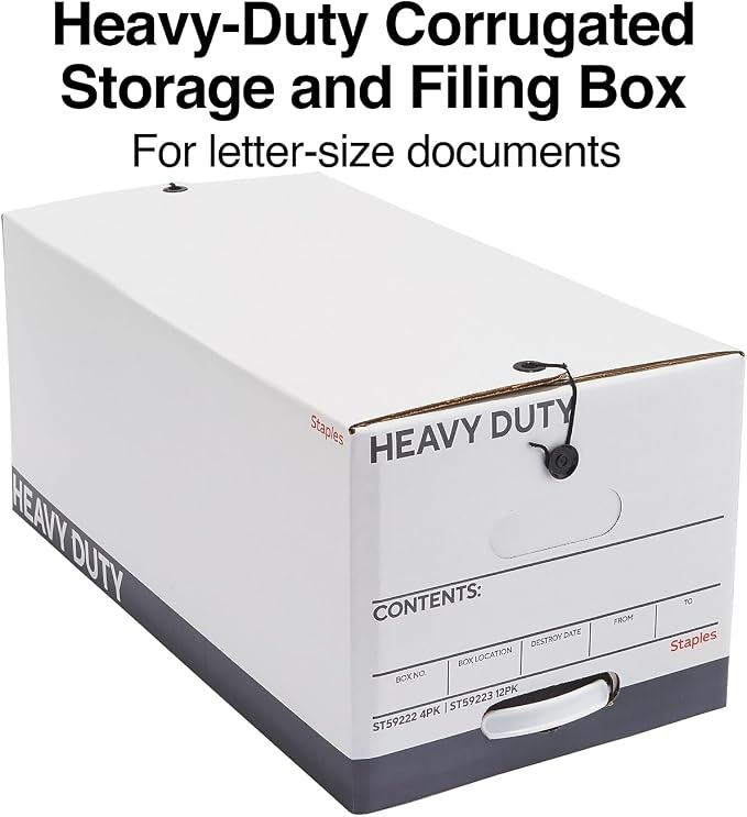 STAPLES Storage & Filing Box, Heavy-Duty with Handles & String-Button Lid, Letter Size Documents, Stackable, 4-Pack, White/Gray | Heavy-duty boxes with handles and string-button lid for document storage. - Image 2