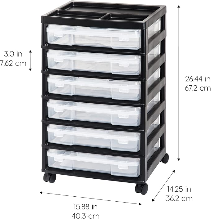 IRIS USA Rolling Cart with Drawers |Made in USA| 6-Tier Cases - Black/Clear | Fits 12"x12" Paper, Built-In Handles, Storage Unit with Supply Top for Craft, Art, Office Supplies, Pens & Pencils - Image 4