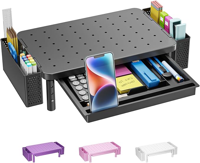 WALI Computer Monitor Stand with Storage, Desk Organizer with Drawer and Pen Holder, Desk Monitor Riser 3 Height Adjustable, Laptop Riser for Computer, Laptop, Printer(PTT003-B), 1 Pack, Black by WALI