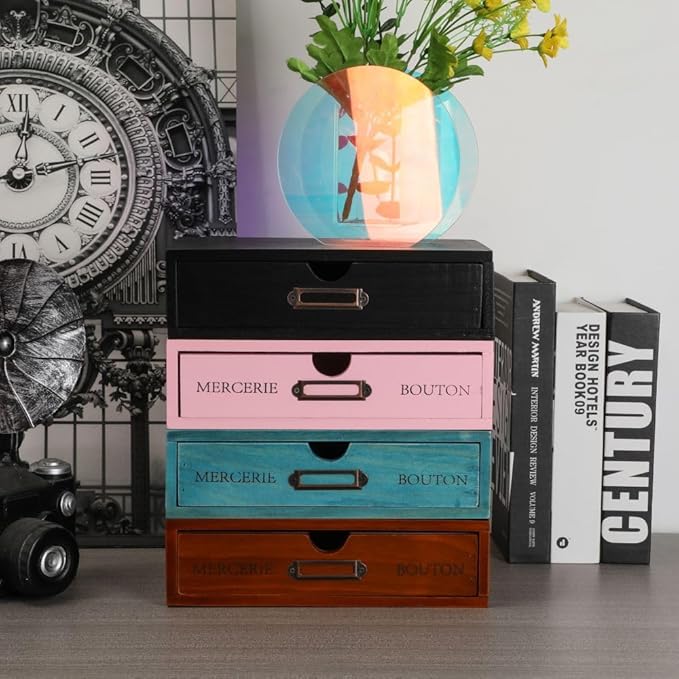 Wooden Drawers Blue Wood Desktop Organizer with Drawers | Vintage Wooden Storage Box for Apothecary Cabinet, Wood Drawer, Countertop Drawer for Library Card Catalog Cabinet - Image 7