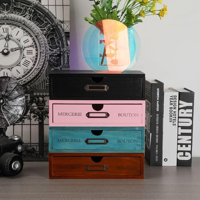 Wooden Drawers Pink Wood Desktop Organizer with Drawers | Vintage Wooden Storage Box for Apothecary Cabinet, Wood Drawer, Countertop Drawer for Library Card Catalog Cabinet - Image 7