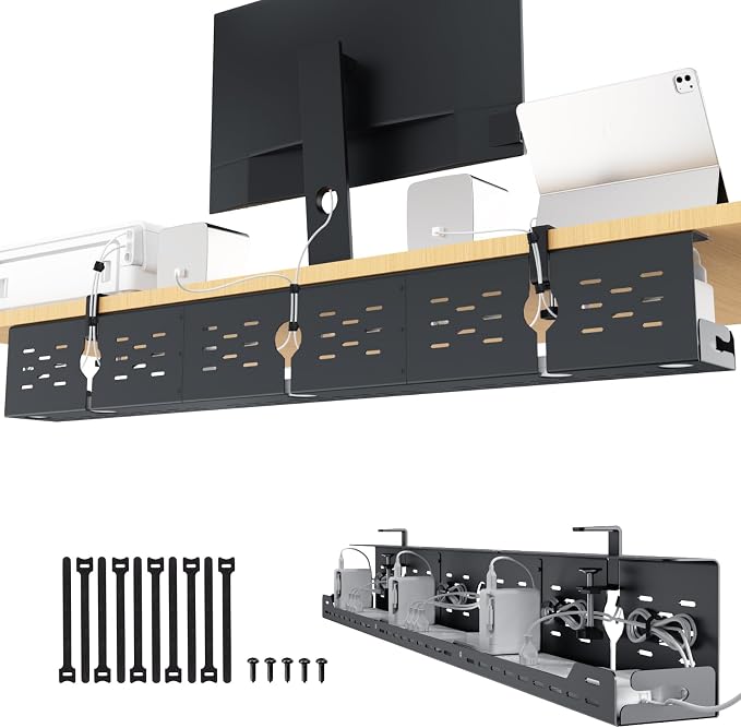 Univivi Under Desk Cable Management Tray, Cable Management, 48 inch, Black | Durable Steel, Cable Management with No-Drill C-Clamp and Screw Mount, Effortless Wire Management for Office/Home by Univivi