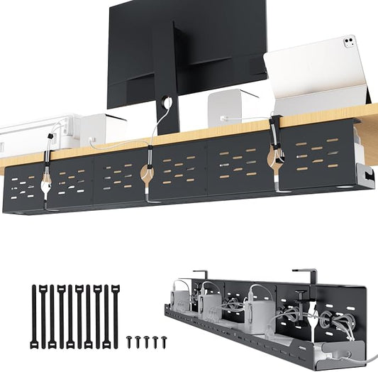 Univivi Under Desk Cable Management Tray, Cable Management, 48 inch, Black | Durable Steel, Cable Management with No-Drill C-Clamp and Screw Mount, Effortless Wire Management for Office/Home by Univivi