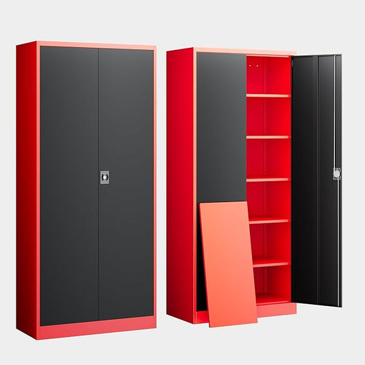 Yizosh Metal Garage Storage Cabinet with Lock Doors and 5 Shelves,- 71" Heavy Duty Steel Locking Tool Cabinet for Garage,Office,School (Red Black)