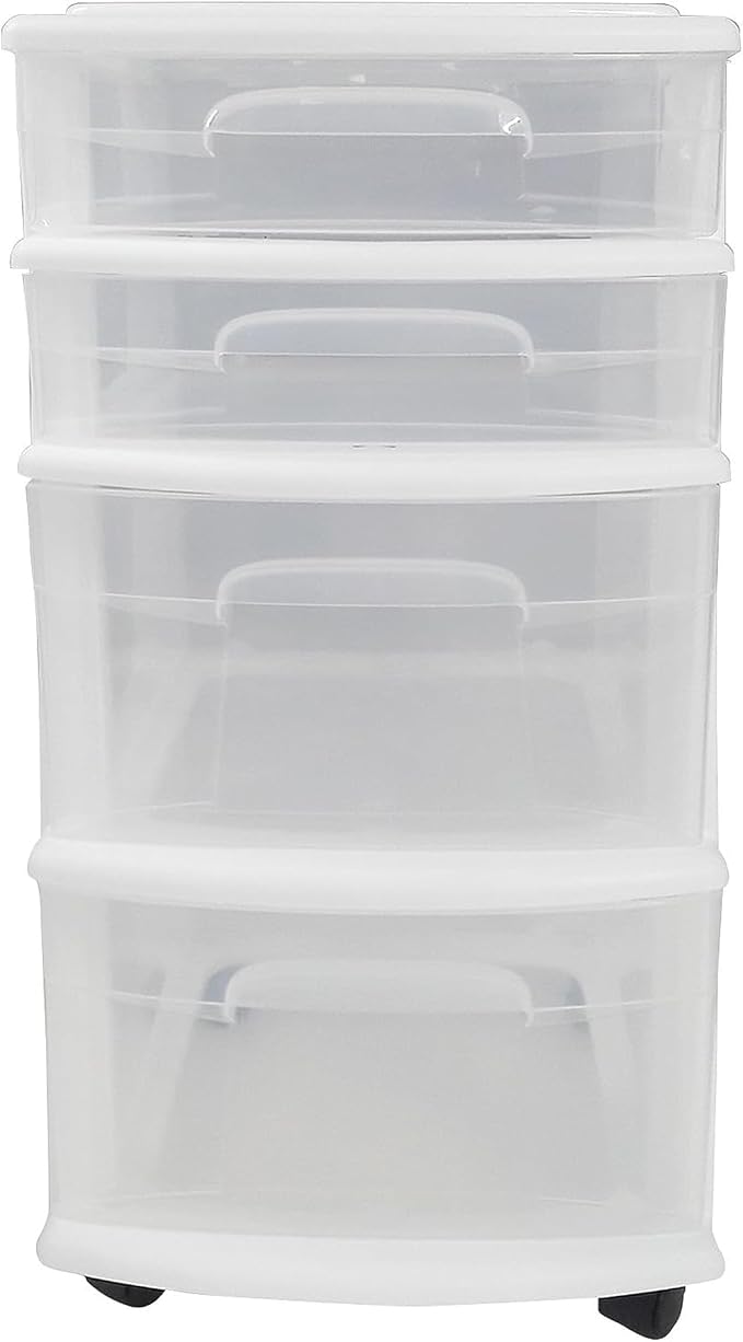 HOMZ Drawer Tower, 4-Tier Storage Cart with Removable Wheels, White, 2 Pack | Plastic Organizer with Clear Bin Drawers for Bedrooms, Bathrooms, Home Offices, and Dorm Rooms - Image 8