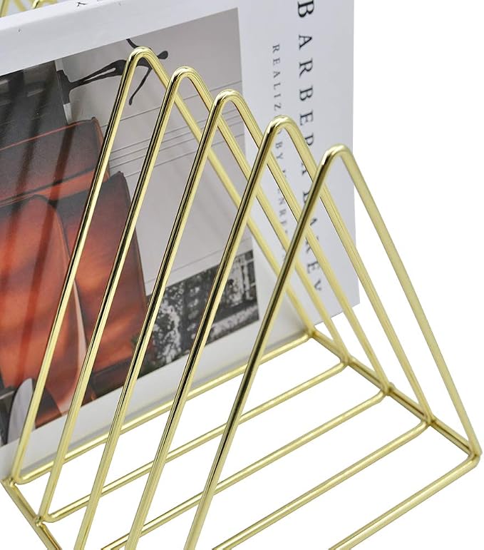 Gold File Holder Organizer, Triangle Record Album Holder Magazine Wire Rack, 9 Slot Multifunction Desktop Storage Decor for Home Office - Image 3