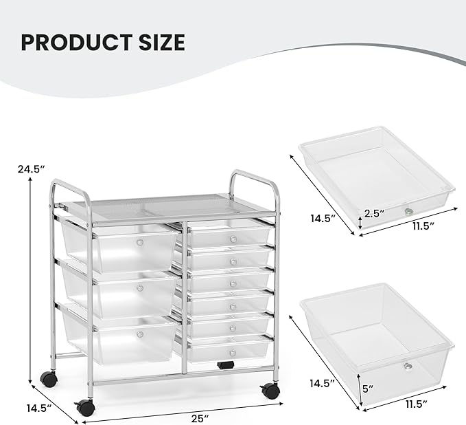 COSTWAY Rolling Storage Cart with 9 Drawer, Utility Cart with Metal Frame | Mobile Art Supply Craft Organizer, Multipurpose Storage Organizer for Paper, Office, School Teacher, Classroom, Transparent - Image 3