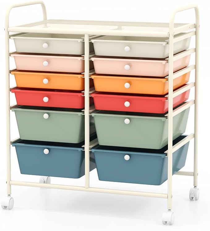 COSTWAY 12-Drawer Rolling Storage Cart, Moveable Art Craft Organizer | Lockable Wheels, Metal Shelf, Files Arrangement Tools Makeup Storage Cart for Office, Home, School (Macaron) by COSTWAY