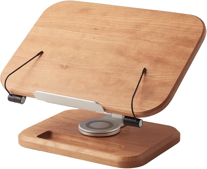 Book Stand for Reading, Mayhas Adjustable Book Holder with 360° Swivel Base&Page Clips, Foldable Desktop Stand for Cookbook, Fits All Books (Cherry Wood, Wood Base) by Mayhas