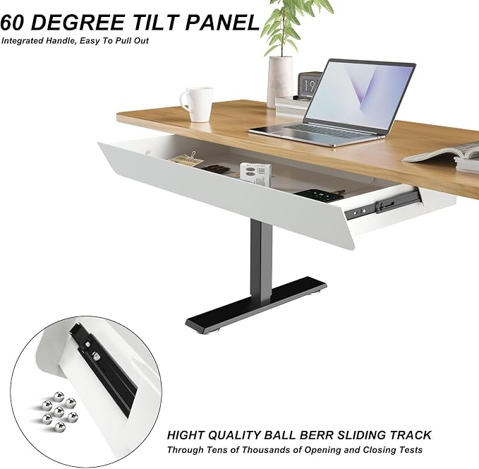 White Large Under Desk Mounted Sliding Drawer with 2 Cable Hole and 60 Degree Tilt Panel to Pull Out, 22.4'' Long & 9.2'' deep Large Storage Organizer for Sit Stand Workstation - Image 5
