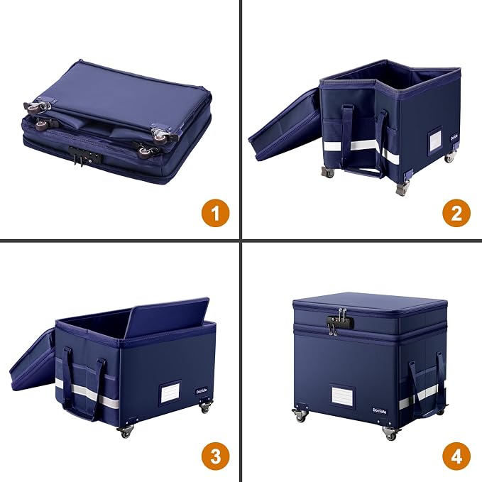 DocSafe File Box with Lock, 2-Layer Fireproof Document Box with Wheels,Collapsible File Storage Organizer with Pockets,Large Portable Office Filing Cabinet Hanging Folders,Blue,16''x13.8''x12.2'' - Image 8