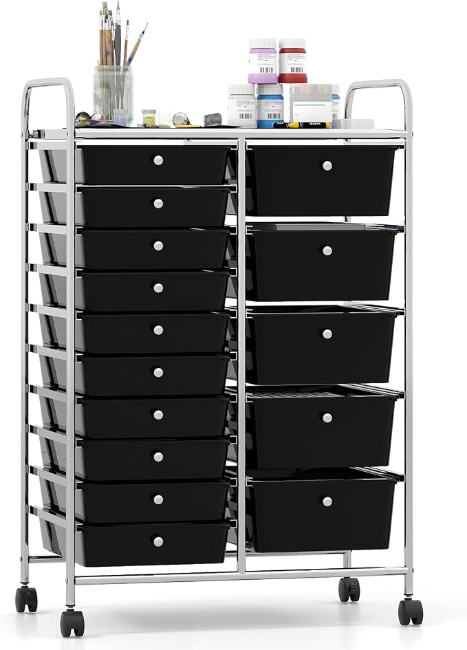 Giantex 15 Drawer Rolling Cart with Drawers, Storage Organizer Cart for Classroom Office School Teacher, Mobile Drawer Cart for Tools, Crafts, Small Printer, Black by Giantex
