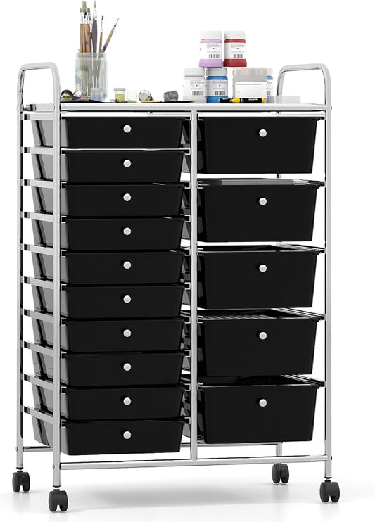 Giantex 15 Drawer Rolling Cart with Drawers, Storage Organizer Cart for Classroom Office School Teacher, Mobile Drawer Cart for Tools, Crafts, Small Printer, Black by Giantex