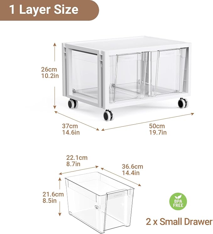 Stackable Storage Drawer Carts, Extra Large Bins 1 Tier 2 Drawers | Smooth Pull-Out Drawers, Clear Plastic Storage Organizer Container For Home Office Bedroom Bathroom Art Crafts Under Desk - Image 2