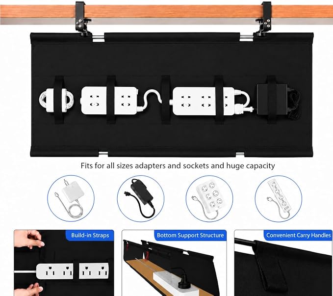 Under Desk Cable Management Tray 36", No Drill Clamp-On Design, Premium Oxford Fabric Cord Organizer Hides Power Strip & Messy Wires, Ideal for Home Office & Gaming Desk - Image 2