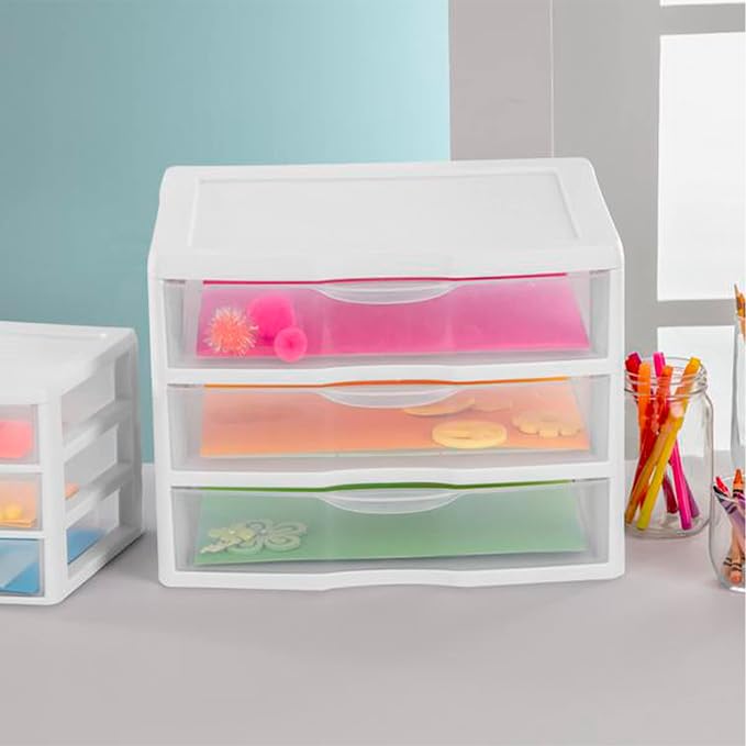 Sterilite 12-Pack Wide 3 Drawer Unit, Plastic Desktop Organizer with Clear Drawers, White Frame - Stackable Multi-Purpose Storage for Office Supplies, Craft Rooms, Classrooms and Home Organization - Image 7