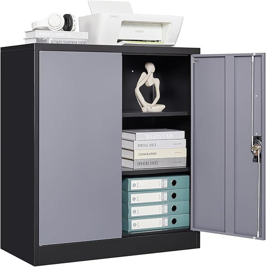 STANI Metal Storage Cabinet with 2 Adjustable Shelves, Steel Counter Cabinet with Lockable Doors for Home Office Warehouse Garage (Black Grey, 36" H-Style 2)