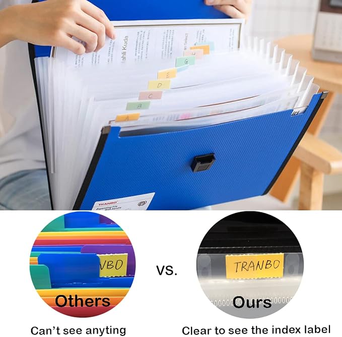 Extra Large Legal Size/Foolscap 12 Pockets Accordion File Organizer with Handle, TRANBO Portable Expanding File Folder, Expandable Plastic Document Organizer for Travel School Office - Blue - Image 3