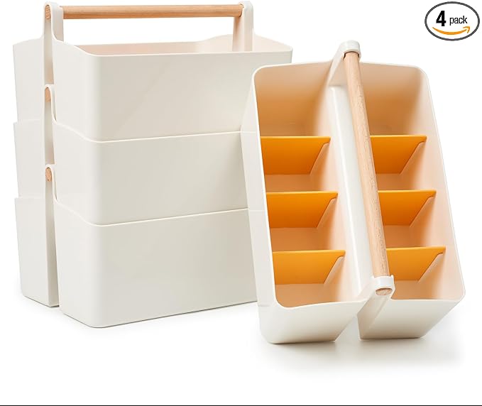 EZOWare Set of 4 Plastic Stackable Caddy Tote Set, Large Storage Organizer Bins w/Removable Compartment Divider & Handle for Makeup, Bathroom, Office, School, Crafts, Nursery - White and Orange by EZOWare